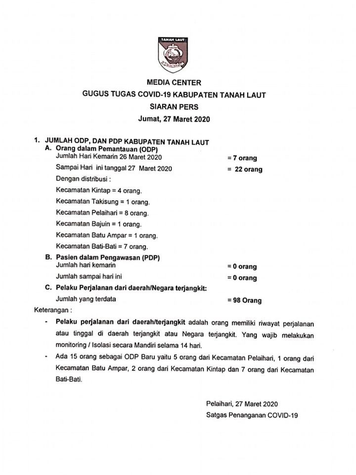 SIARAN PERS GUGUS SATGAS COVID-19, JUMAT 27 MARET 2020