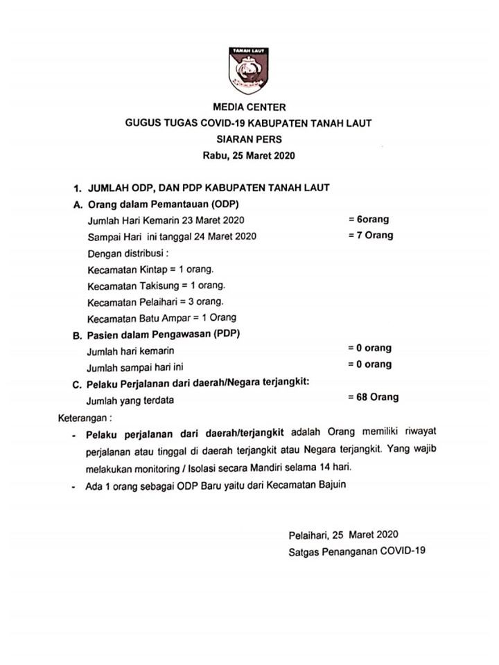 SIARAN PERS TERKINI SATGAS COVID 19 TALA, RABU 25 MARET 2020