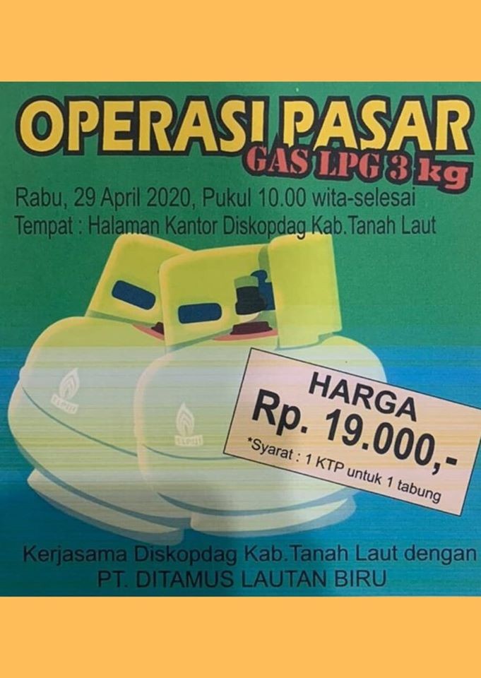 OPERASI PASAR GAS LPG 3KG, RABU 29 APRIL 2020 BERTEMPAT DIHALAMAN KANTOR DINAS KOPERASI DAN PERDAGAN